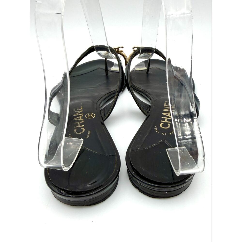Chanel Toe Ring Sandal Black Leather Gold Interlocking CC Logo Size 39.5 / 9.5 - Picture 6 of 15
